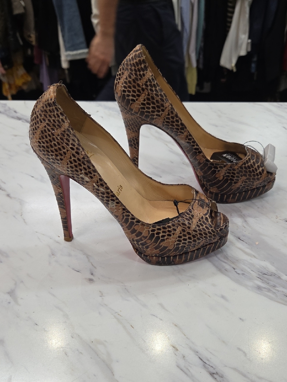 Christian Louboutin Brown Snake-Print Peep-Toe Platform Pumps